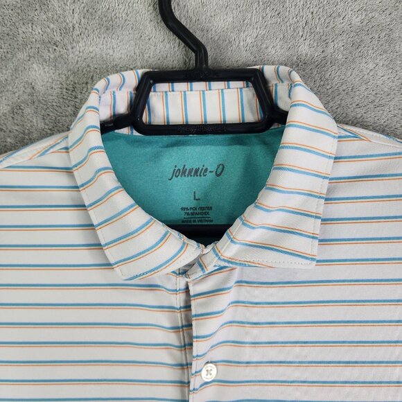 Men's Johnnie-O Polo Shirt UPF 50 White Blue Orange Striped Short Sleeve Size L - Picture 4 of 10